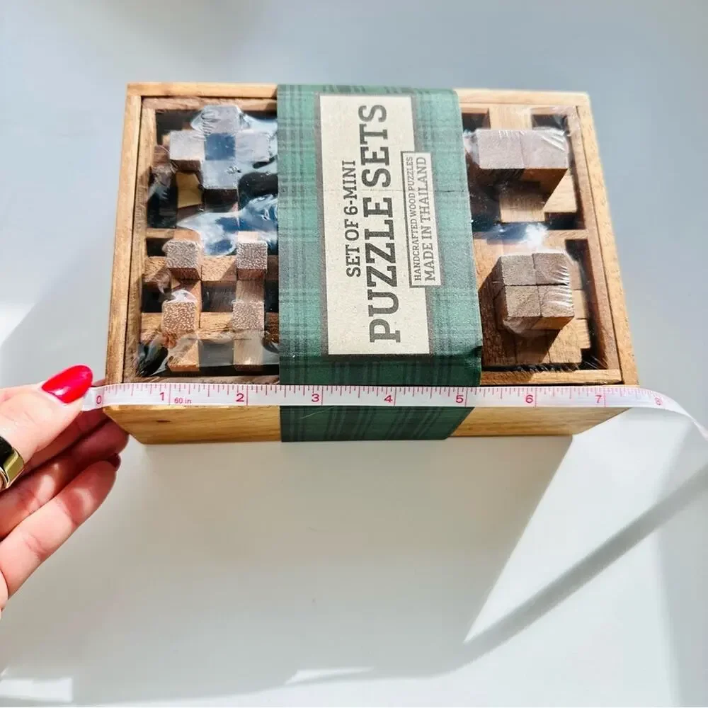 NEW WEST ELM Brown Tan Handcrafted Hand Wood Wooden Mini Puzzle Box Gift Set 6